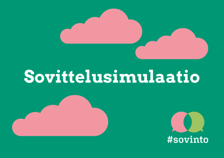 Vihreällä taustalla on vaaleanpunaisia pilviä ja teksti "Sovittelusimulaatio" sekä hashtag "#sovinto".
