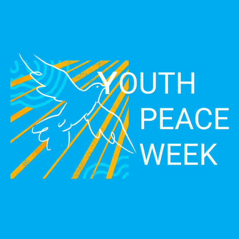 Sinisellä taustalla on valkoinen rauhan symboli, kyyhkynen, ja teksti "Youth Peace Week".