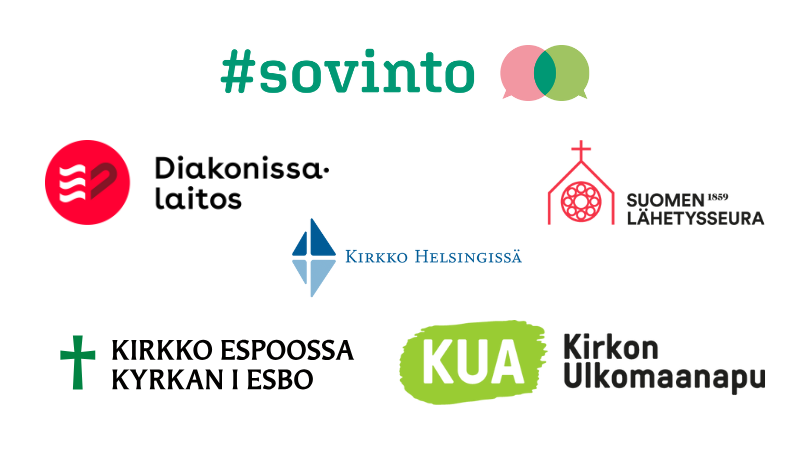 Kuvassa on eri organisaatioiden logot, jotka liittyvät Sovinto-yhteistyöhön, mukaan lukien Diakonissalaitos, Kirkko Helsingissä ja Kirkon Ulkomaanapu, Suomen Lähetysseura ja Kirkko Espoossa.