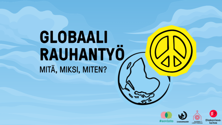 Graafinen esitys globaalista rauhantyöstä, jossa on kysymykset "Mitä, miksi, miten?" ja rauhan symboli.