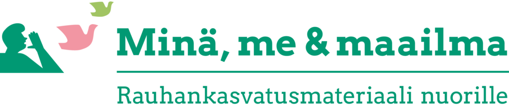 Logo, jossa lukee "Minä, me & maailma" ja alateksti "Rauhankasvatusmateriaali nuorille", ympärillä lintuja ja ihmishahmo.