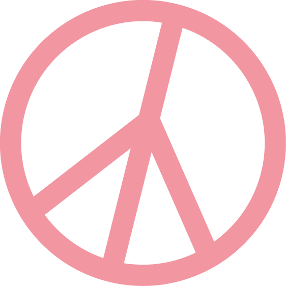 Ruusunvärinen rauhan symboli, jossa on ympyrä ja kolmijalkainen muoto.